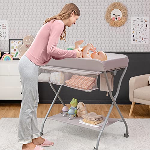 COSTWAY Folding Baby Changing Table with Wheels (Grey)