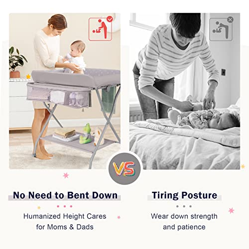 COSTWAY Folding Baby Changing Table with Wheels (Grey)