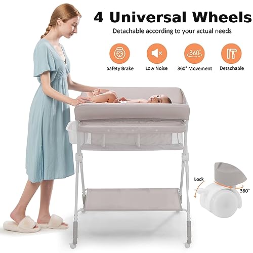 Foldable Baby Changing Table with Storage and Wheels