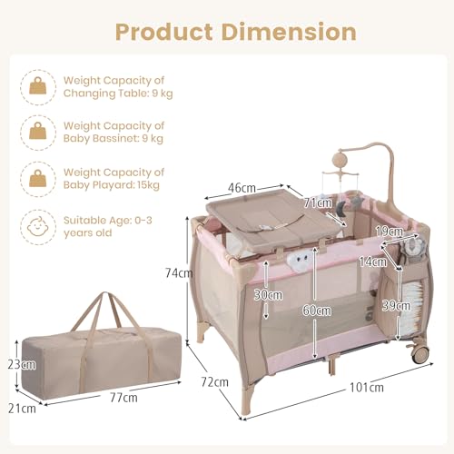 Costway 3-in-1 Portable Baby Travel Cot - Pink