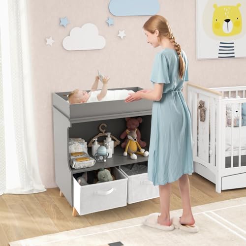 COSTWAY Baby Changing Table with Drawers, Waterproof Pad