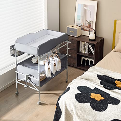 Folding Baby Changing Table with Wheels and Storage