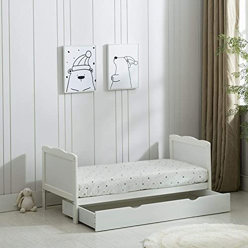 White Wooden Baby Cot Bed with Rollaway Drawer
