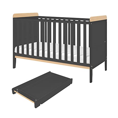 Convertible Wooden Cot Bed & Cot Top Changer in Slate Grey & Oak