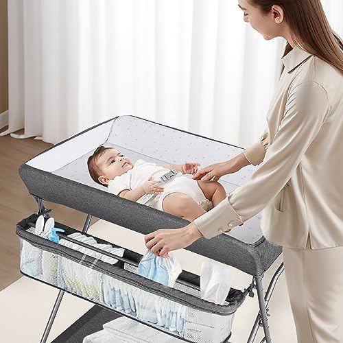 Foldable Baby Changing Table with Wheels and Storage