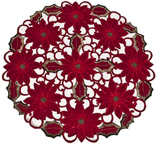 Christmas Red Poinsettia Gold Thread Doily
