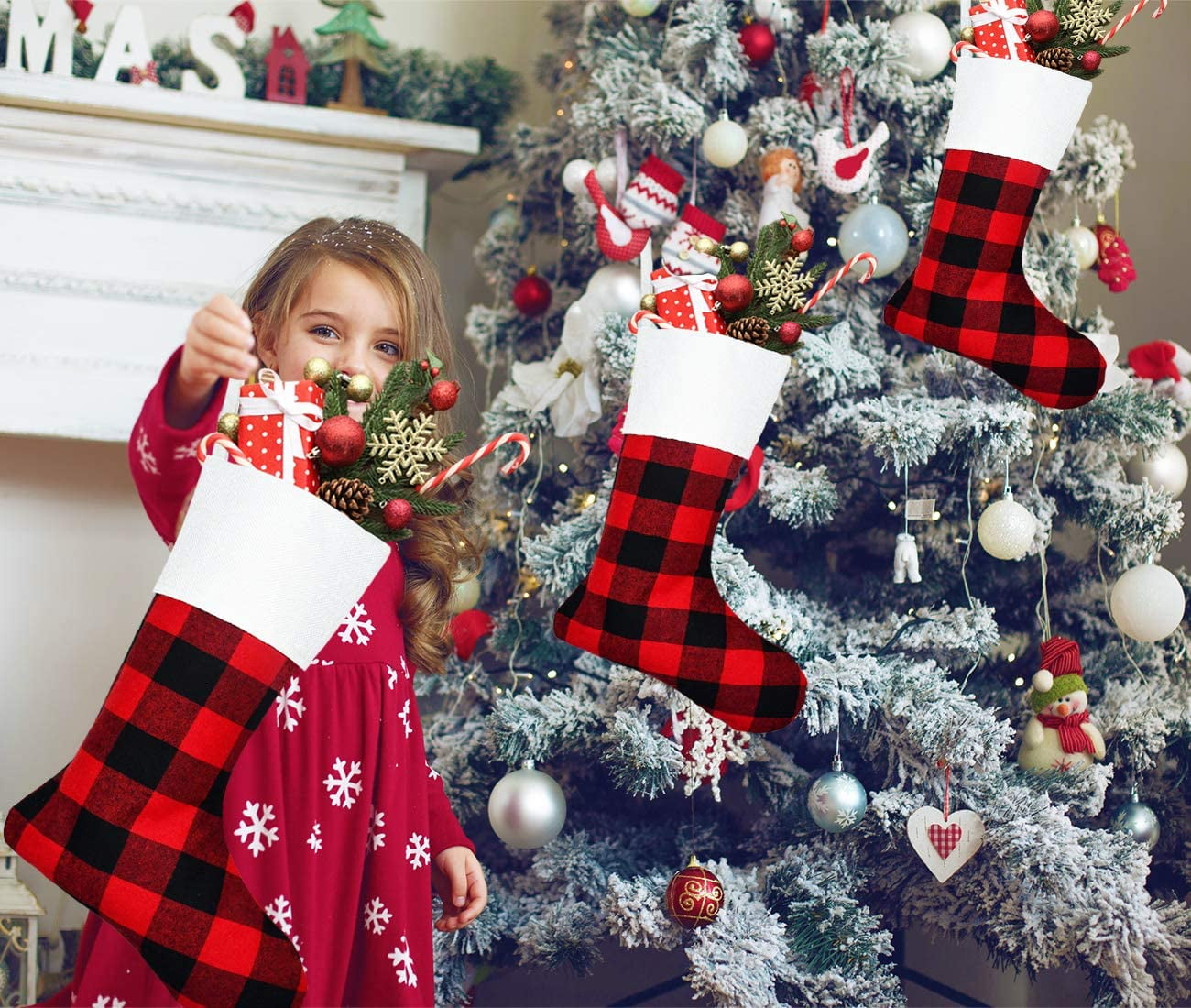 Buffalo Plaid Fireplace Hanging Christmas Stockings