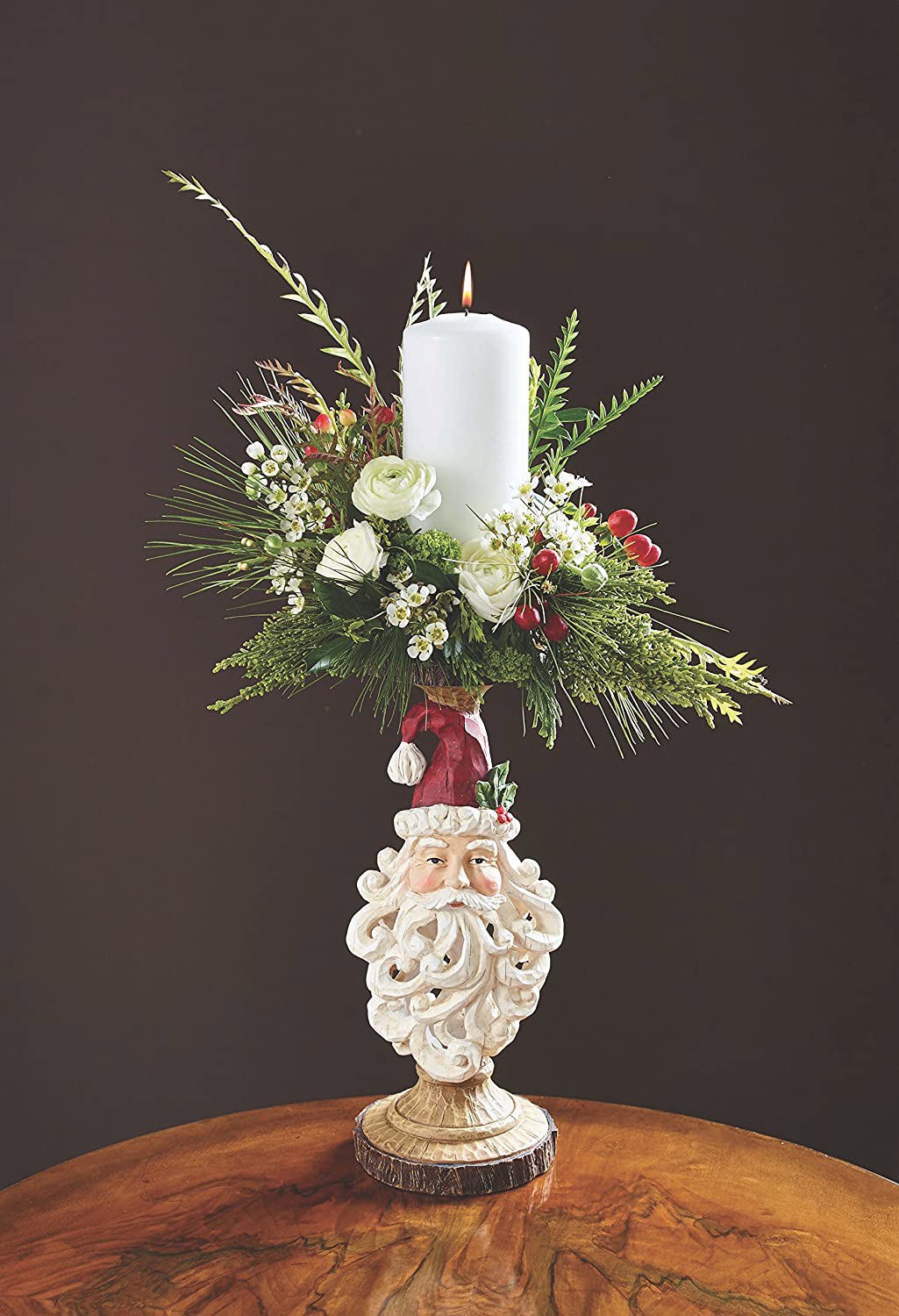 Santa Head Carved Wood-Look Candle Holder