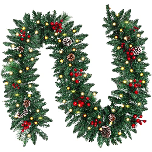 9ft Christmas Garland with Warm White Lights & Decor