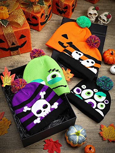 Halloween Beanie with Skull and Pumpkin Design