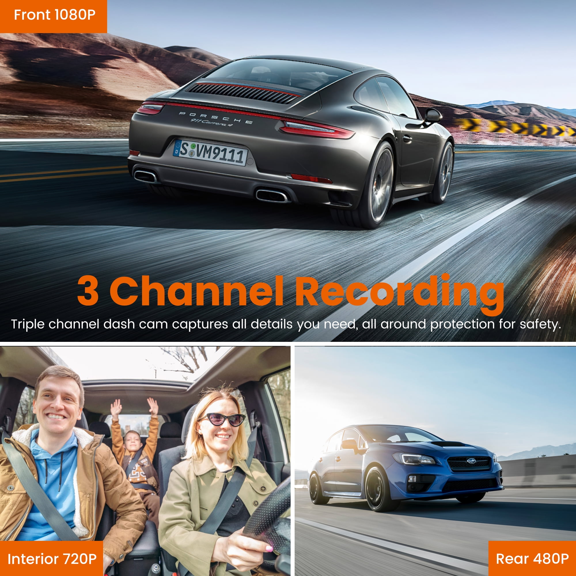 Triple Way Car Camera, 1080P Front & Rear