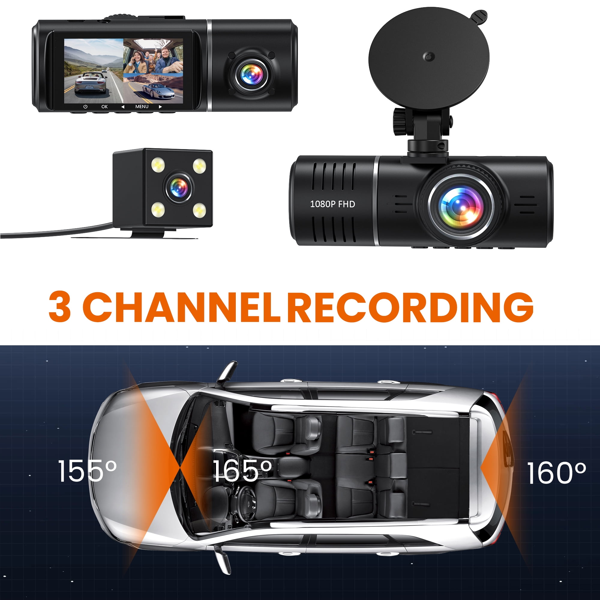 Triple Way Car Camera, 1080P Front & Rear