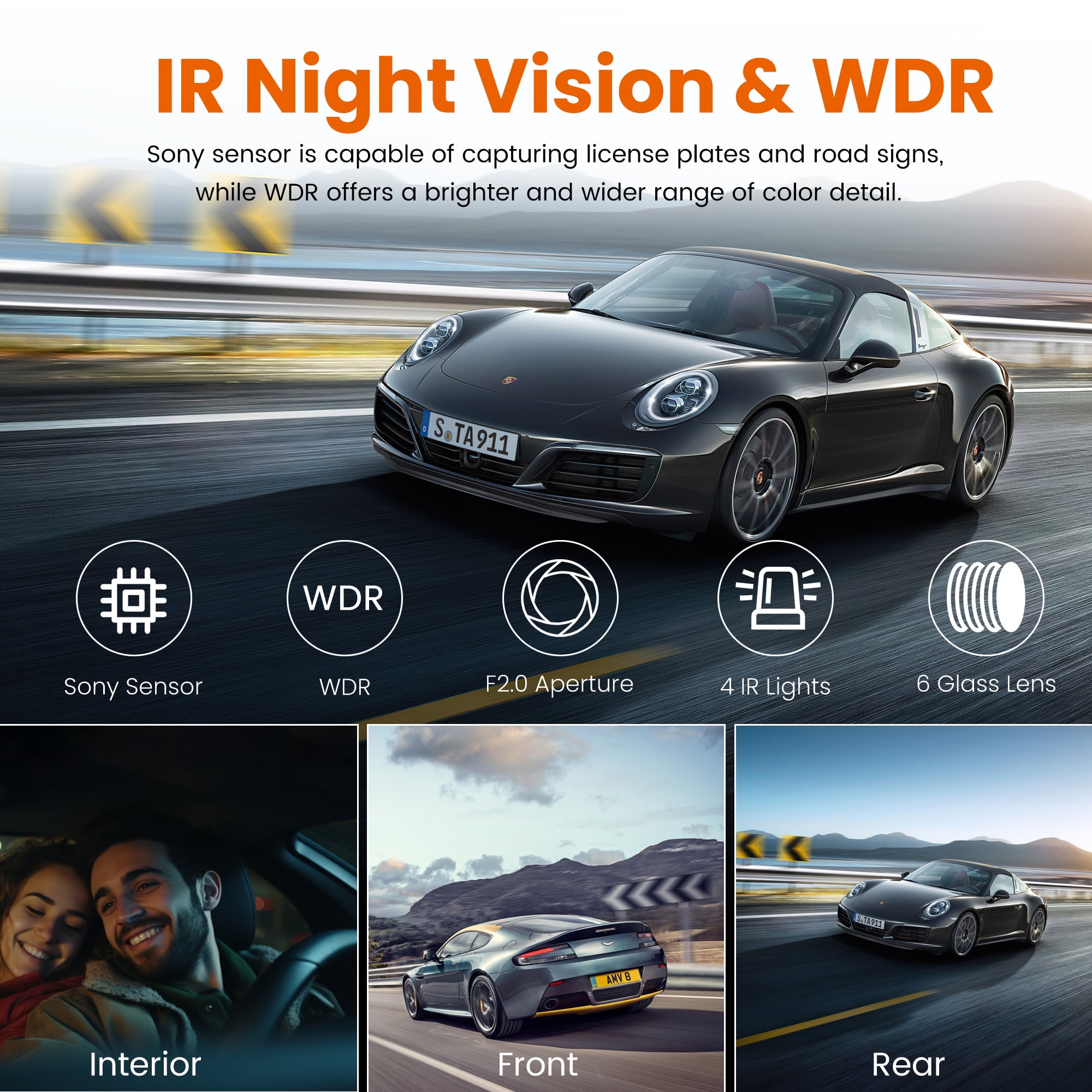 Triple Way Car Camera, 1080P Front & Rear