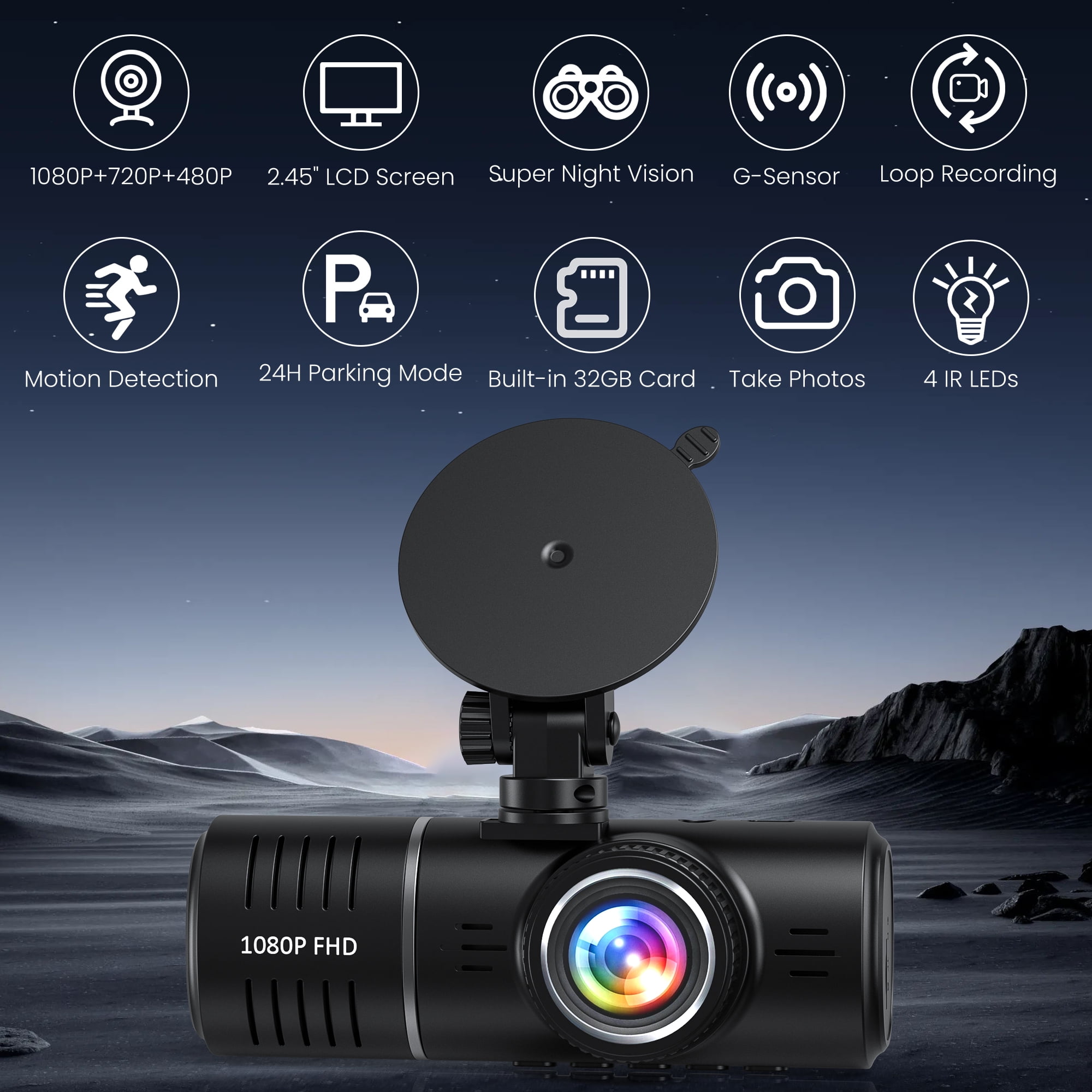 Triple Way Car Camera, 1080P Front & Rear