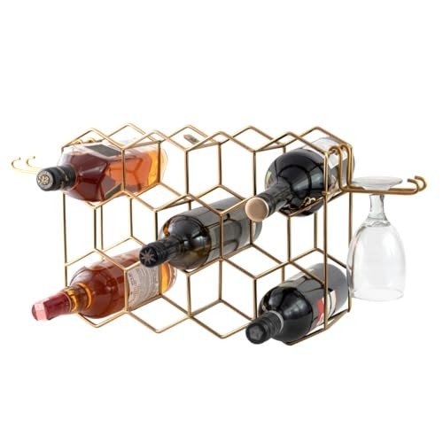 Gold Wine Rack with Glass Holders - 14 Bottle Capacity
