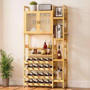 Elegant Bamboo Wine Bar Cabinet with Storage Shelves