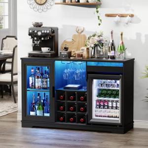 Stylish Black Wine Bar Cabinet with Fridge and LED