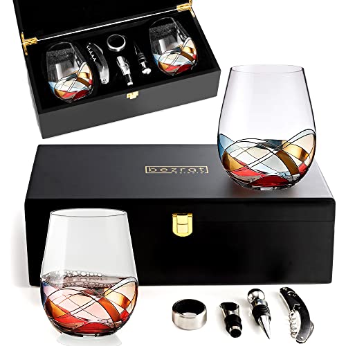 Hand-Painted Stemless Wine Glasses Set | Lead-Free Crystal