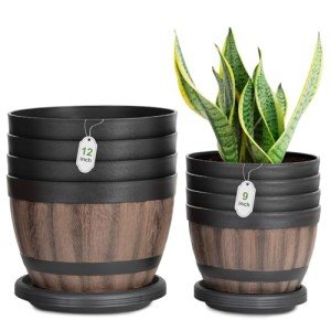 8 Pack Wine Barrel Design Plant Pots with Saucers
