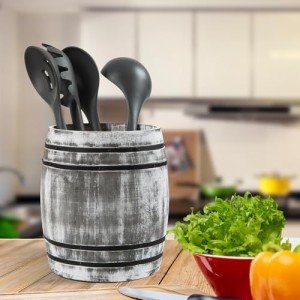 Rustic Gray Wood Utensil Crock for Wine Lovers