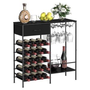 Freestanding Wine Rack with Glass Holder - Black