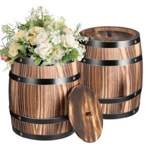 Vintage Wood Wine Barrel Vase Set - 2 Pcs