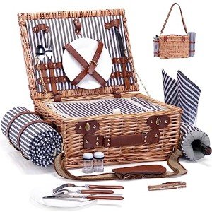 Wine Picnic Basket Set with Blanket for Two