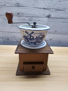 Blue and White Dutch Coffee Grinder with Wood Base