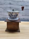 Blue and White Dutch Coffee Grinder with Wood Base