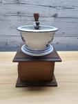 Blue and White Dutch Coffee Grinder with Wood Base