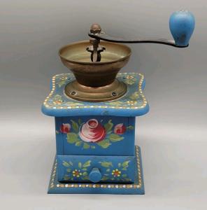 Hand Painted Blue Vintage Wood Coffee Grinder Mill