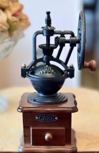Vintage Coffee Grinder with Iron Wheel and Wood Base
