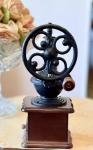 Vintage Coffee Grinder with Iron Wheel and Wood Base