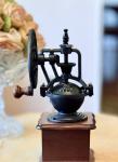 Vintage Coffee Grinder with Iron Wheel and Wood Base