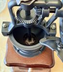 Vintage Coffee Grinder with Iron Wheel and Wood Base