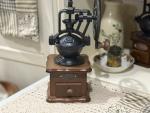 Vintage Wrought Iron Coffee Grinder with Wooden Base