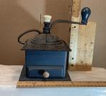 Vintage Wooden Coffee Grinder with Blue Cast Iron Handle