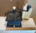 Vintage Wooden Coffee Grinder with Blue Cast Iron Handle