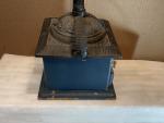Vintage Wooden Coffee Grinder with Blue Cast Iron Handle