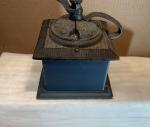 Vintage Wooden Coffee Grinder with Blue Cast Iron Handle