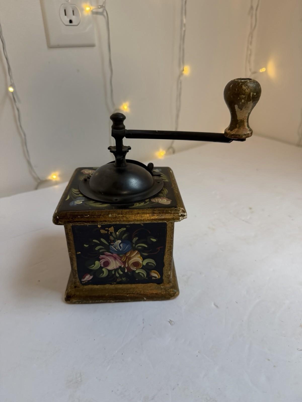Vintage Hand Crank Coffee Grinder with Floral Design