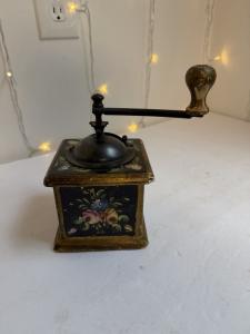 Vintage Hand Crank Coffee Grinder with Floral Design