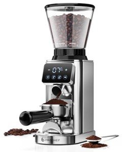 AMZCHEF Silver Coffee Grinder with 24 Settings