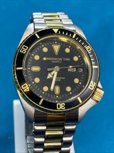 Innovative Time Mens Vintage Dive Watch Quartz Gold Black New Battery
