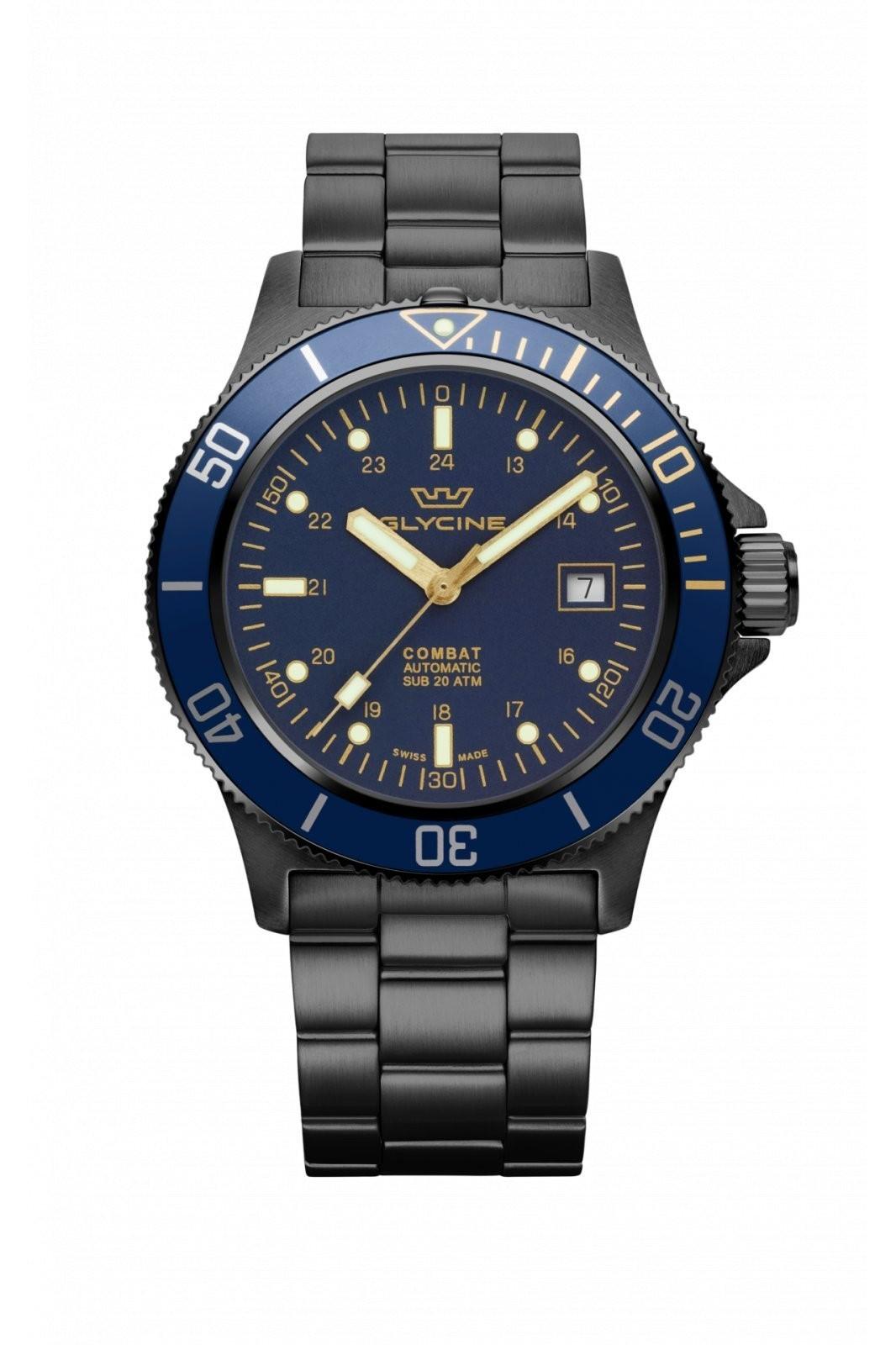 Glycine combat sub 42 Black PVD automatic watch with three straps FREE SHIPPING