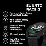 SUUNTO Race 2 GPS Sports Watch, 1.5" AMOLED Touchscreen w/Crown, 16 Days Battery Life, Training Metrics and Recovery Insights, Dual-GNSS, 32GB Global Offline Maps, Lightweight, All Black