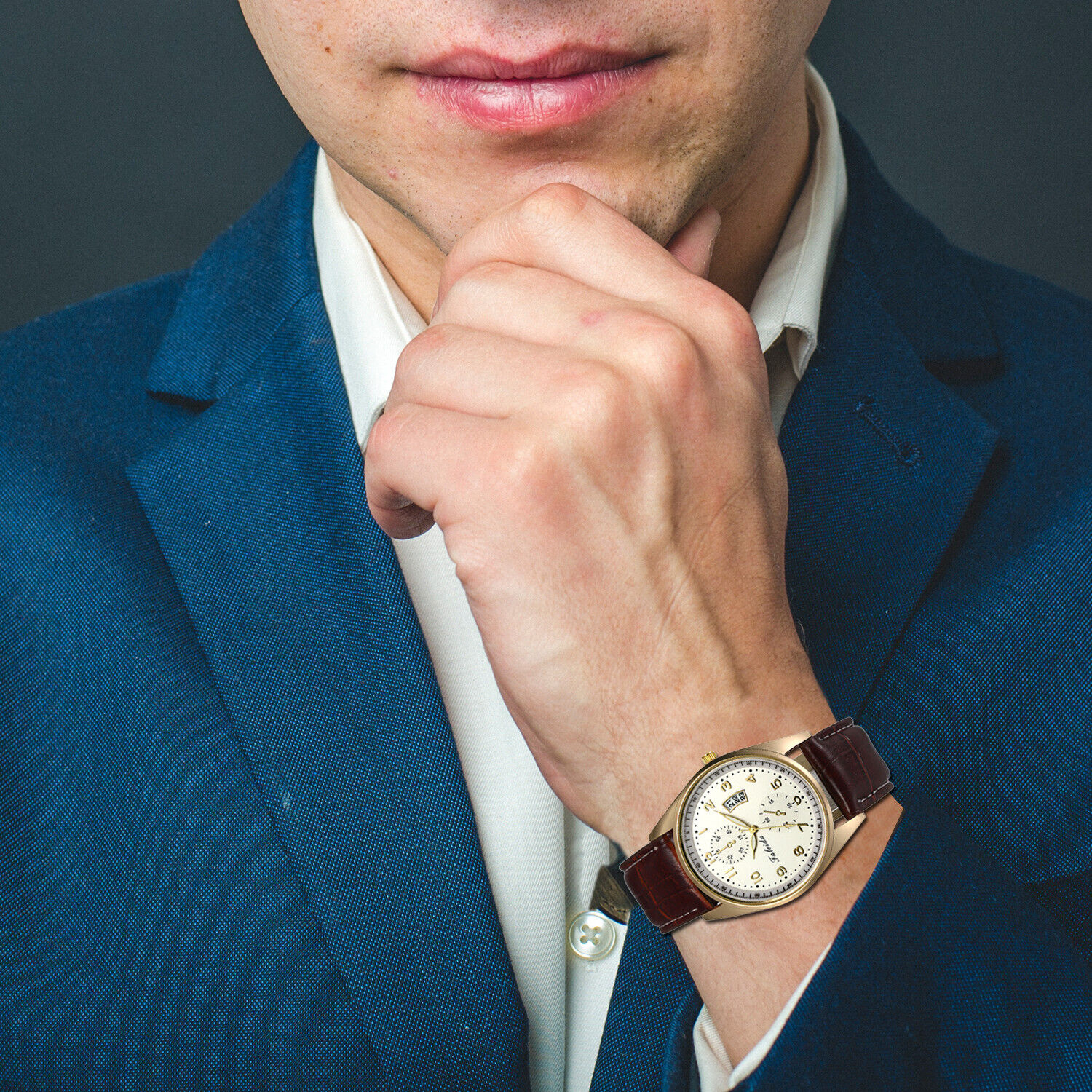 Men's Leather Band Quartz Analog Dress Watch