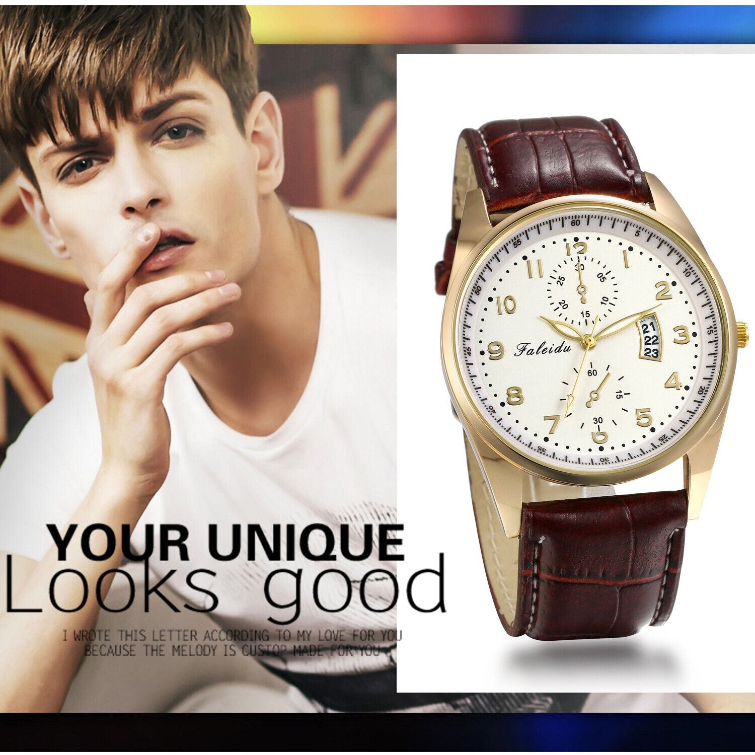 Men's Leather Band Quartz Analog Dress Watch
