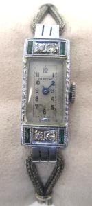 Antique Vintage 14k White Gold Glycine Diamond and Emerald Watch Art Deco Runs