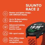SUUNTO Race 2 GPS Sports Watch, 1.5" AMOLED Touchscreen w/Crown, 16 Days Battery Life, Training Metrics and Recovery Insights, Dual-GNSS, 32GB Global Offline Maps, Lightweight, Coral Orange